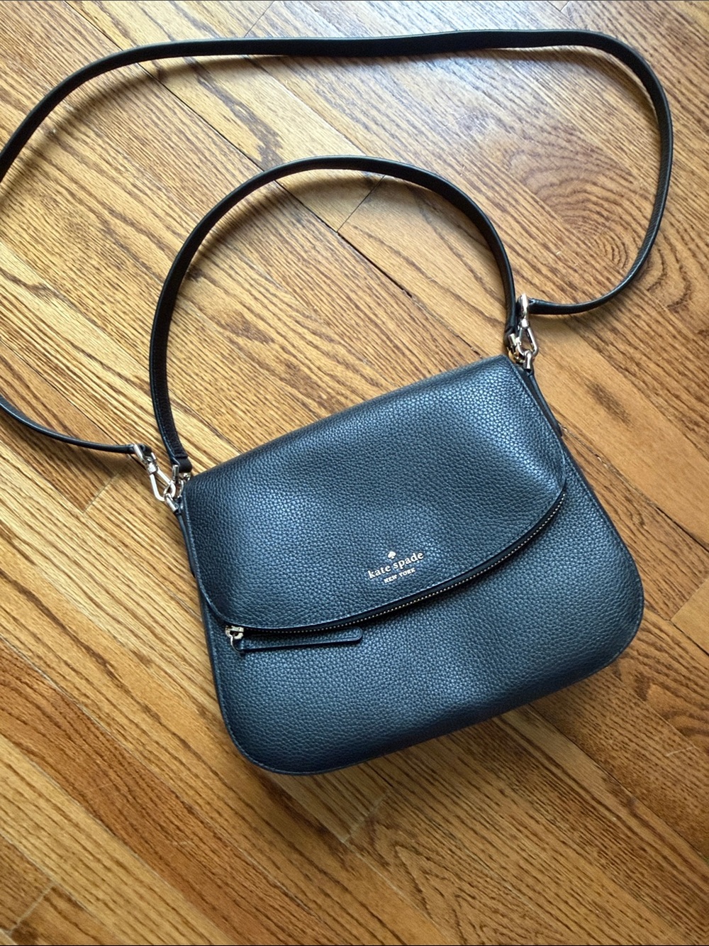 kate spade Black Pebbled Leather Flap Crossbody Bag with Front Zip
